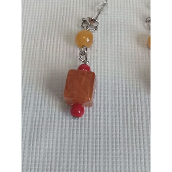 Red Round and Orange Cube Beaded Post Backs Dangle Style Lightweight Earrings - Picture 3 of 11